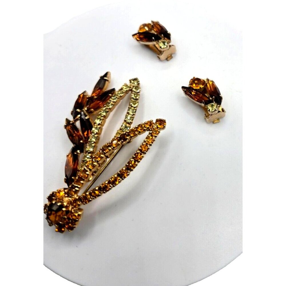 Vintage Brooch 2.5" and Clip Earrings 1940s Golden Citron and Brown Rhinestones